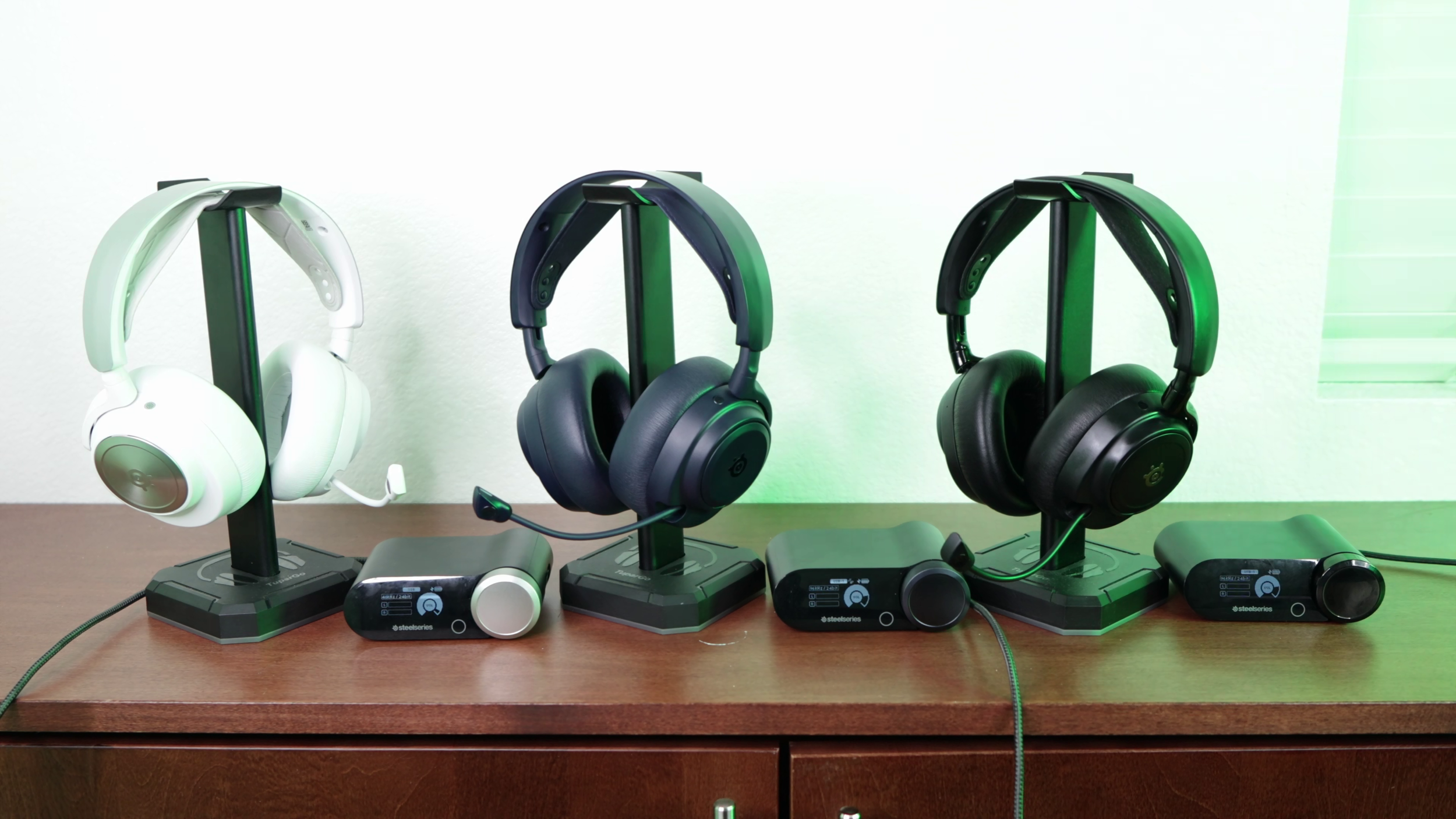 image showing all 3 headsets in green light
