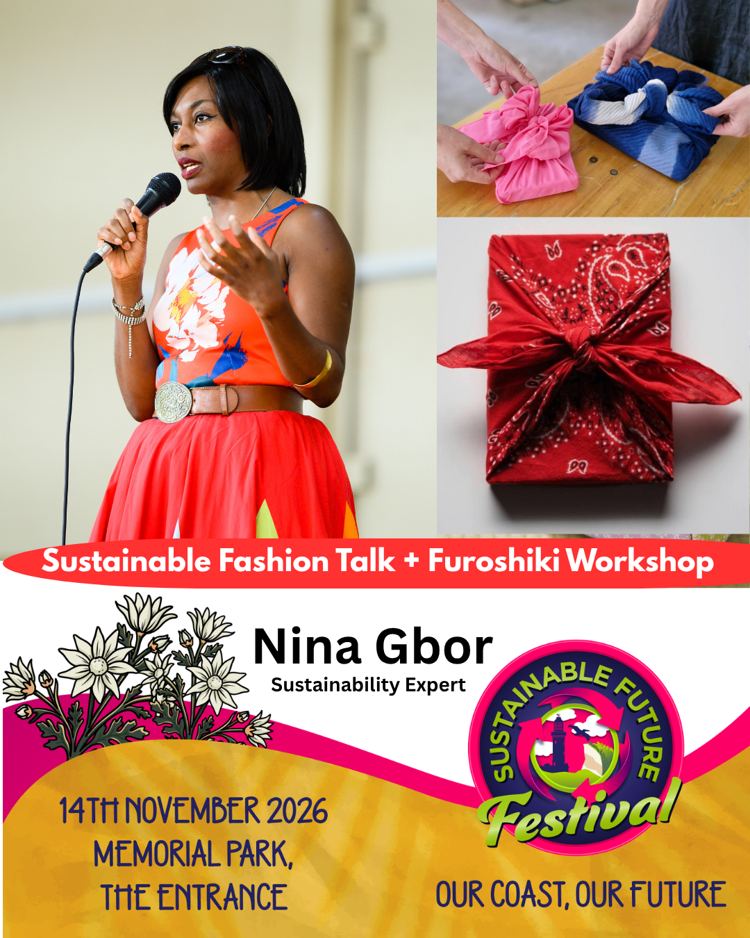 Nina Gbor, Furoshiki gift wrapping, sustainability festival, Eco Styles