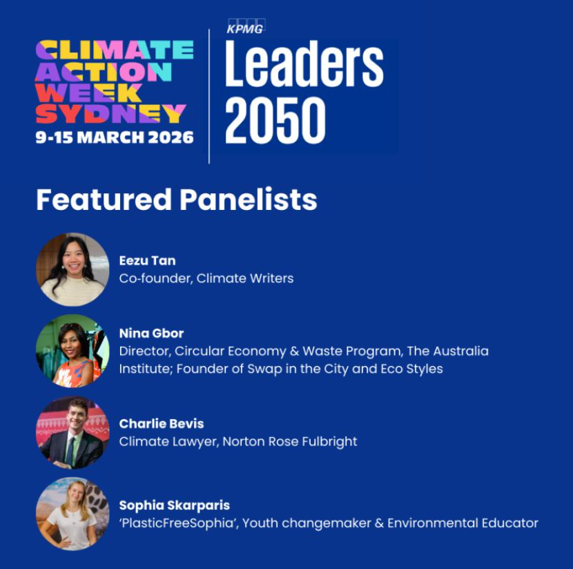 Climate Action Week Sydney Nina Gbor KPMG Eco Styles Swap in the City KPMG Leaders 2050 Eezu Tan, Charlie Bevis, Sophia Skarparis Circular economy