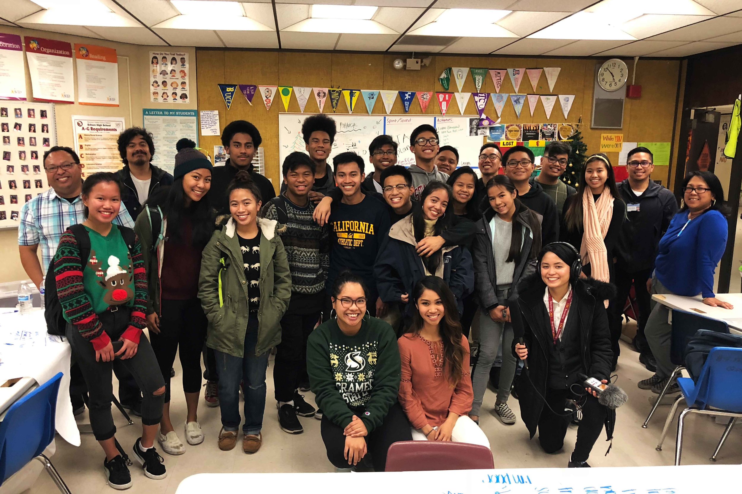  The students and teachers of the Little Manila After School Program at Edison High School in Stockton, California. Host and producer Paola Mardo and co-producer Patrick Epino are also pictured. Courtesy of LMASP. 