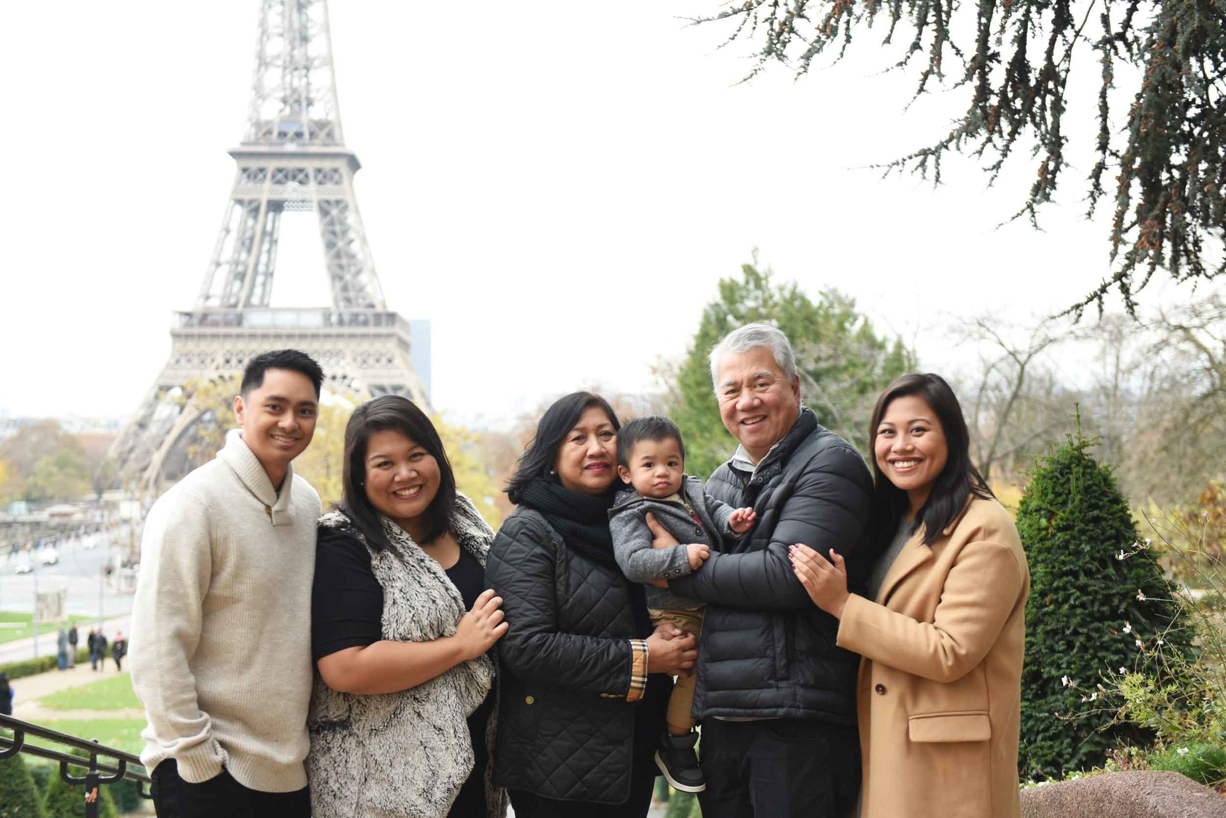  The Ilagan-Lingasin family in Paris, France in 2018. From left: Ryan, Pia, Ana, Noah, Wally, and Abby.  