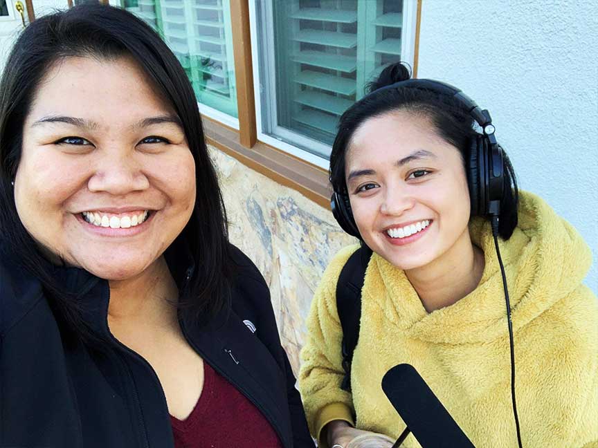 Pia Ilagan Lingasin with host/producer Paola Mardo in Cerritos, California in 2018.