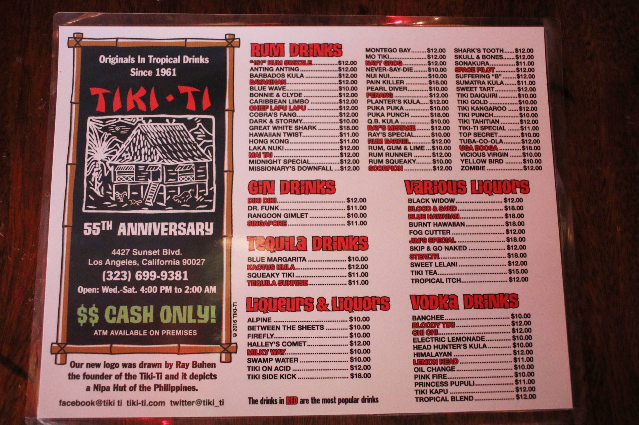  Menu at the Tiki Ti. Photo by Patrick Epino. 