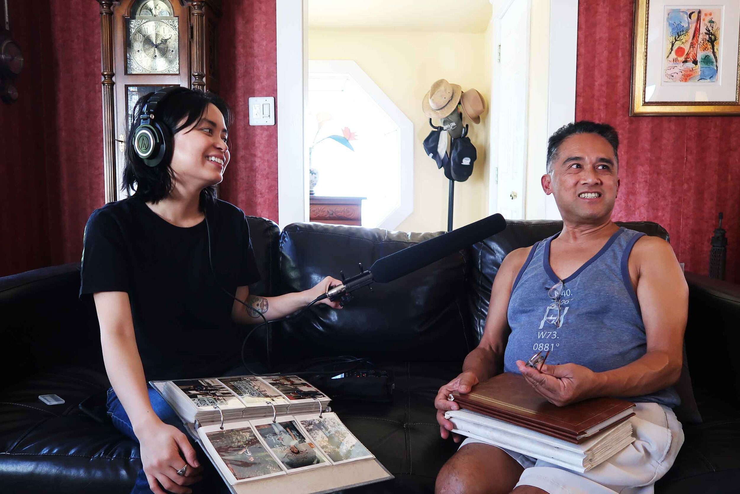  Long Distance host/producer Paola Mardo interviewing Jaime Geaga in his home in Los Angeles, California. Photo by Patrick Epino. 