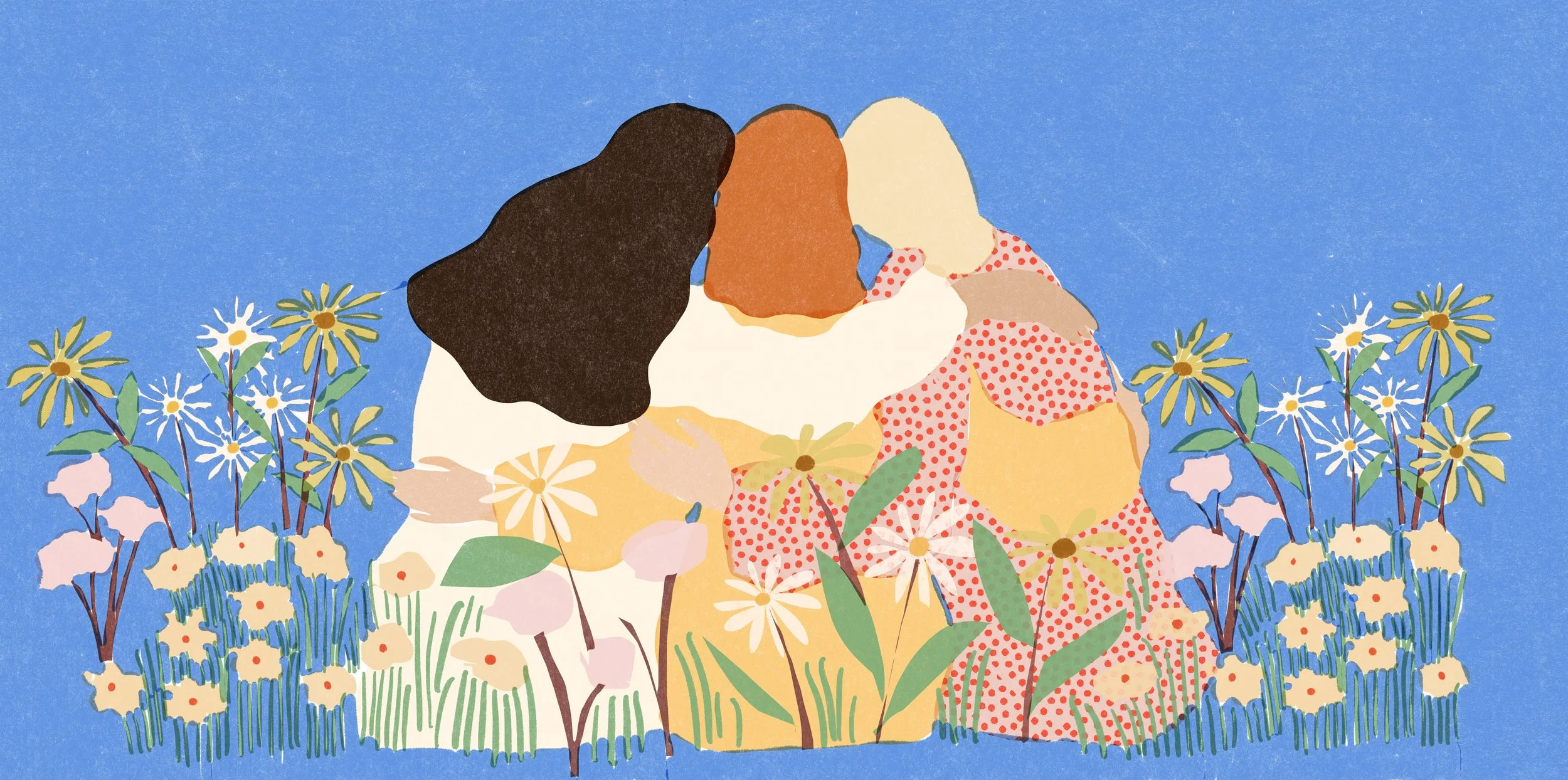 Three friends hugging each other. Alja Horvat's illustration for her collaboration with Barcaffe
