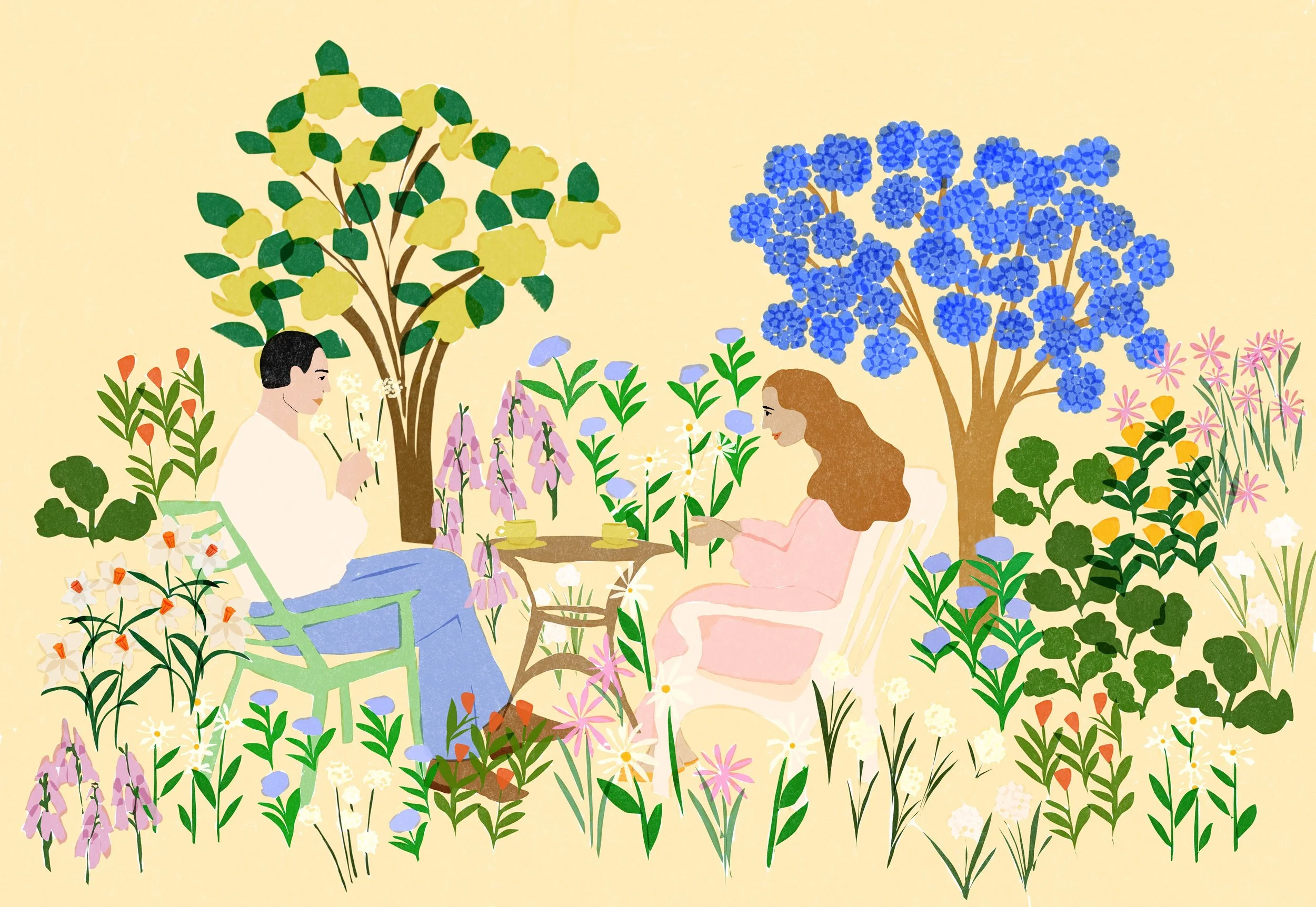 Man and woman sitting on chairs, having a pleasant conversation. Alja Horvat's illustration for her collaboration with Barcaffe