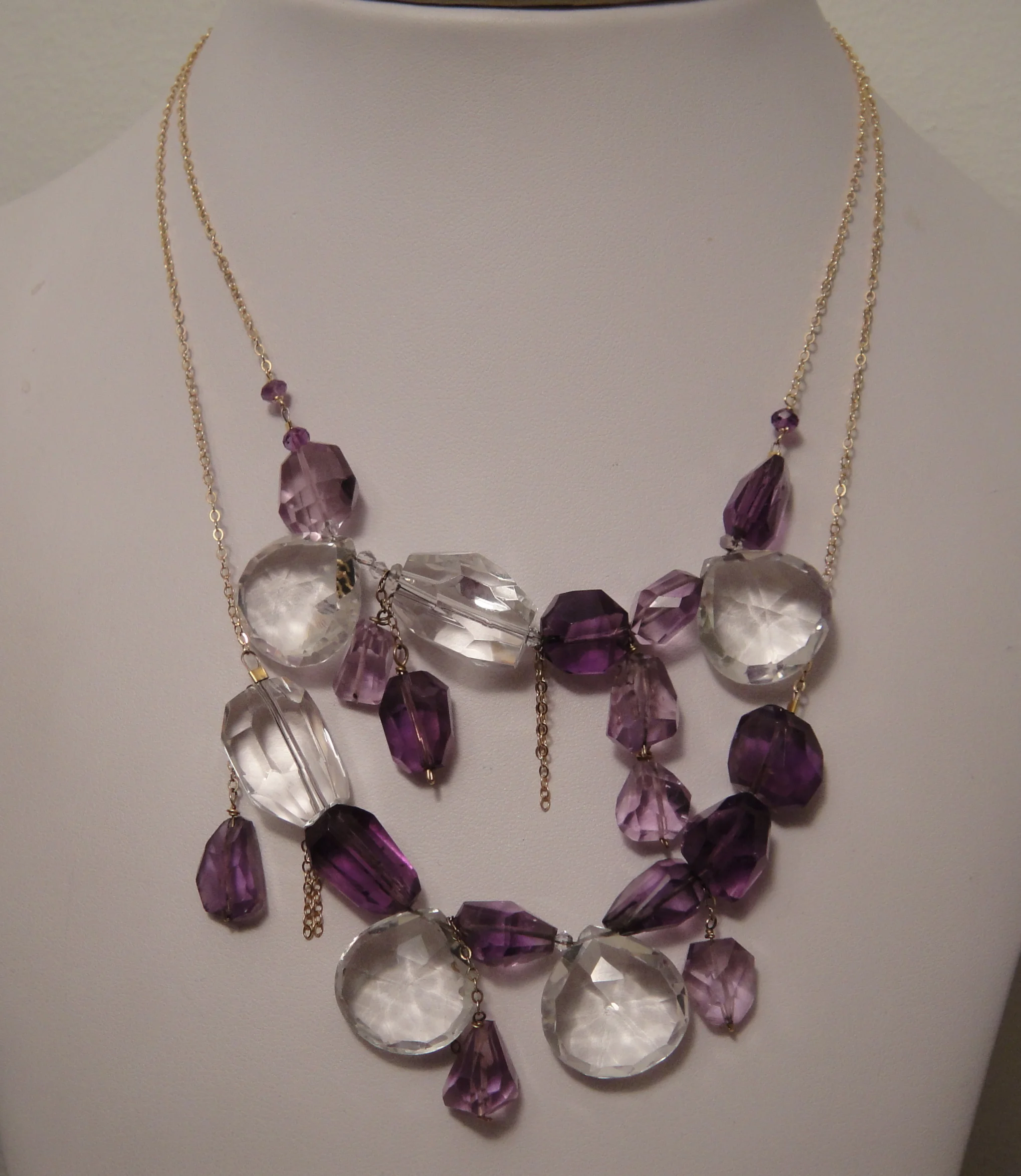 Crystal and Amethyst Mixed Material Multi-strand Necklace