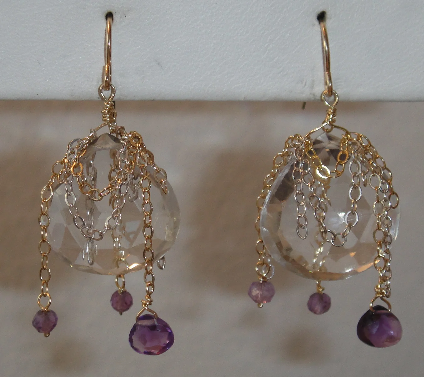 Crystal with Amethyst and Mixed chains Drop Earrings .JPG