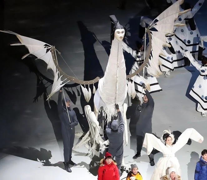 From the Korean Olympics, a figure of Inmyeonjo, the human-faced bird seen in ancient Goguryeo tomb paintings of 668 BCE