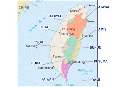 Map showing distribution of indigenous peoples of Austronesian origin on the East Coast of Taiwan, about 2.3% of the population