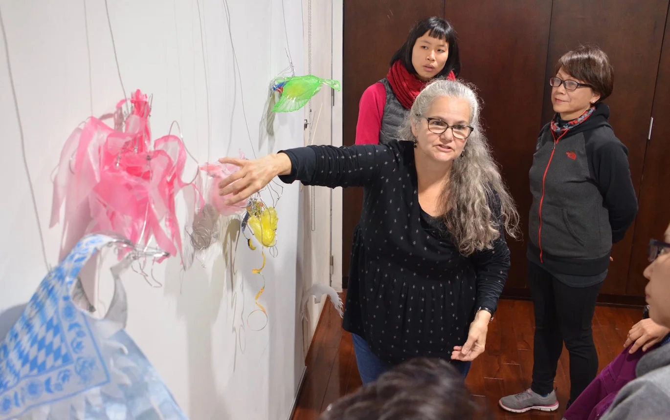 Sharing my bird sculptures that use recycled plastic bags, netting, and paper with workshop participants