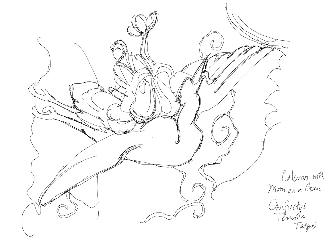 iPad sketch of Immortal on a crane holding a lotus, from dragon column at Confucius Temple, Taipei