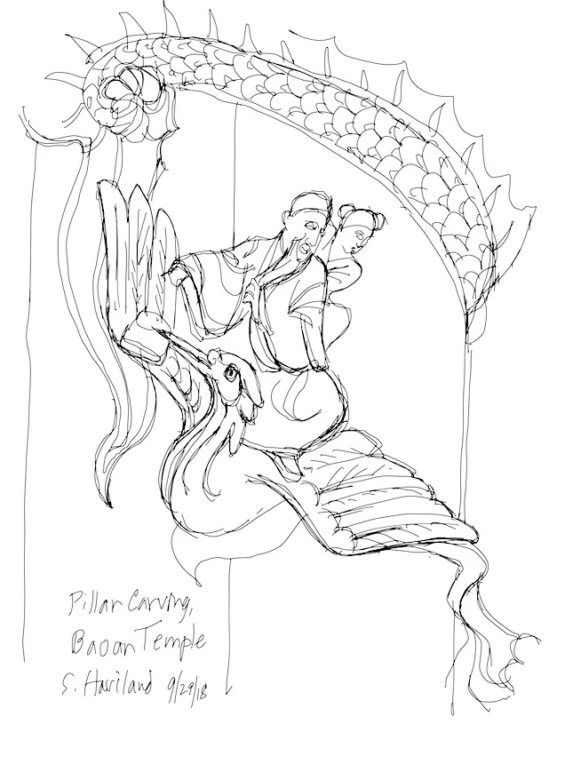 iPad sketch of Immortal with child on his back, from dragon column at Bao’an Temple, Taipei