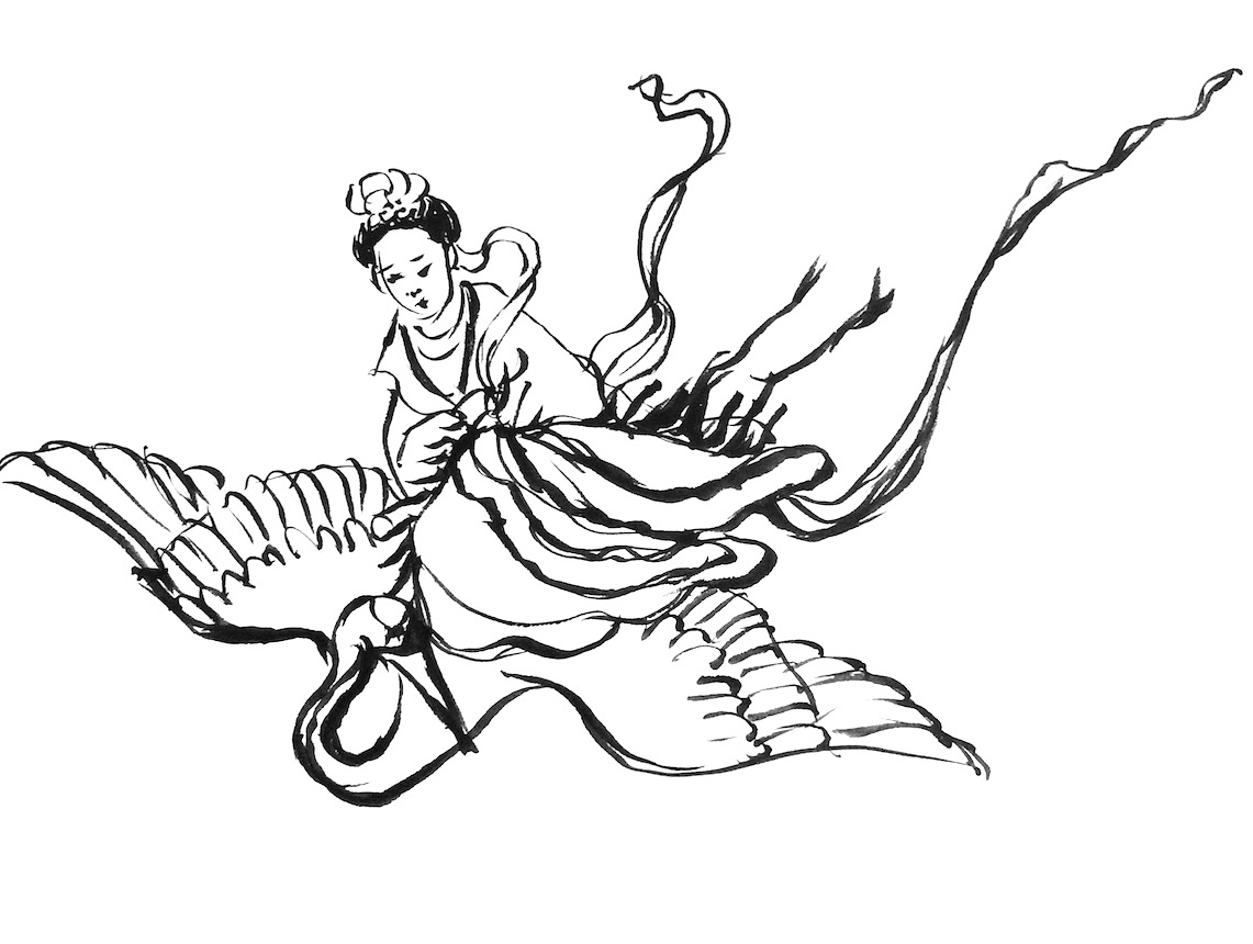 Ink on rice paper sketch of woman riding a crane
