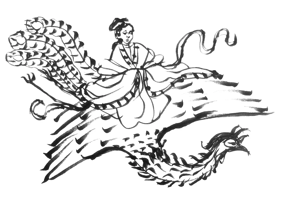 Ink on rice paper sketch of celestial woman on a phoenix