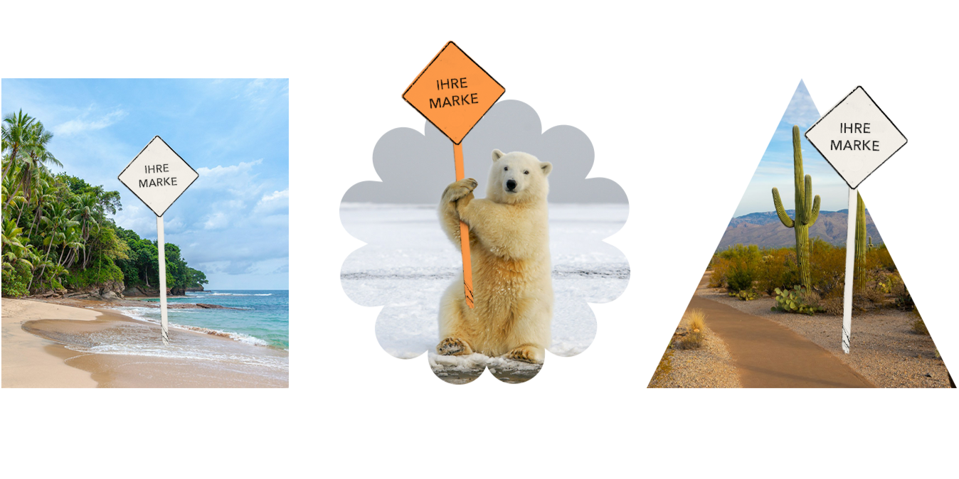 Collagen von drei unterschiedlichen Landschaften in denen jeweils ein Schild mit der Aufschrift "Ihre Marke" steht.