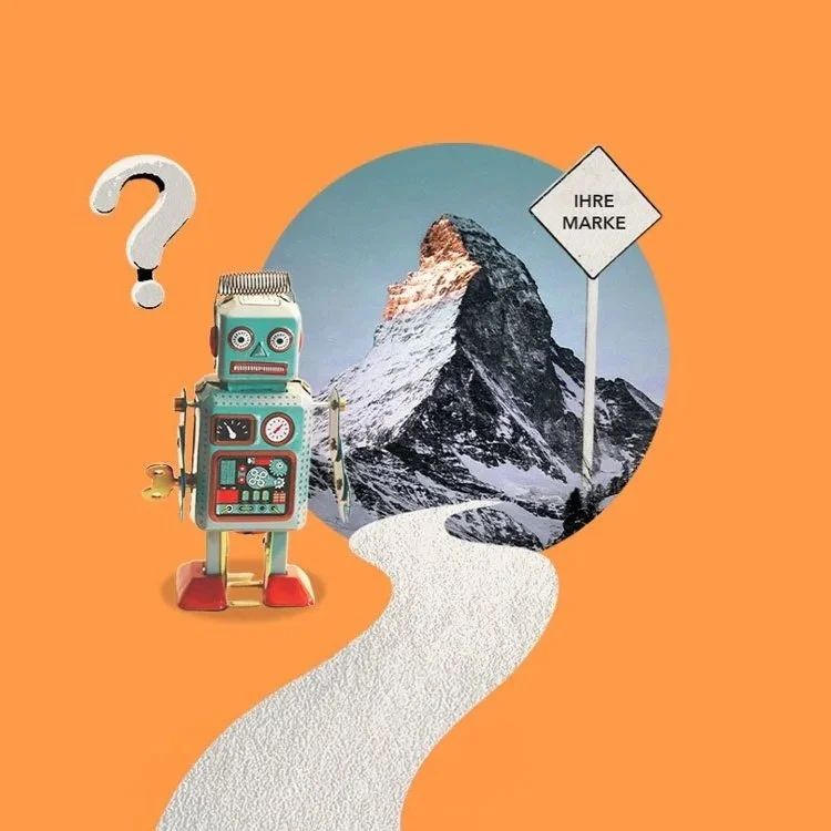 Ein kreatives Artwork auf dem ein Retro-Spiel-Roboter zu sehen ist, der auf dem Weg zu einem Berg steht. Am Berg steht ein Verkehrsschild, auf dem "Ihre Marke" steht.