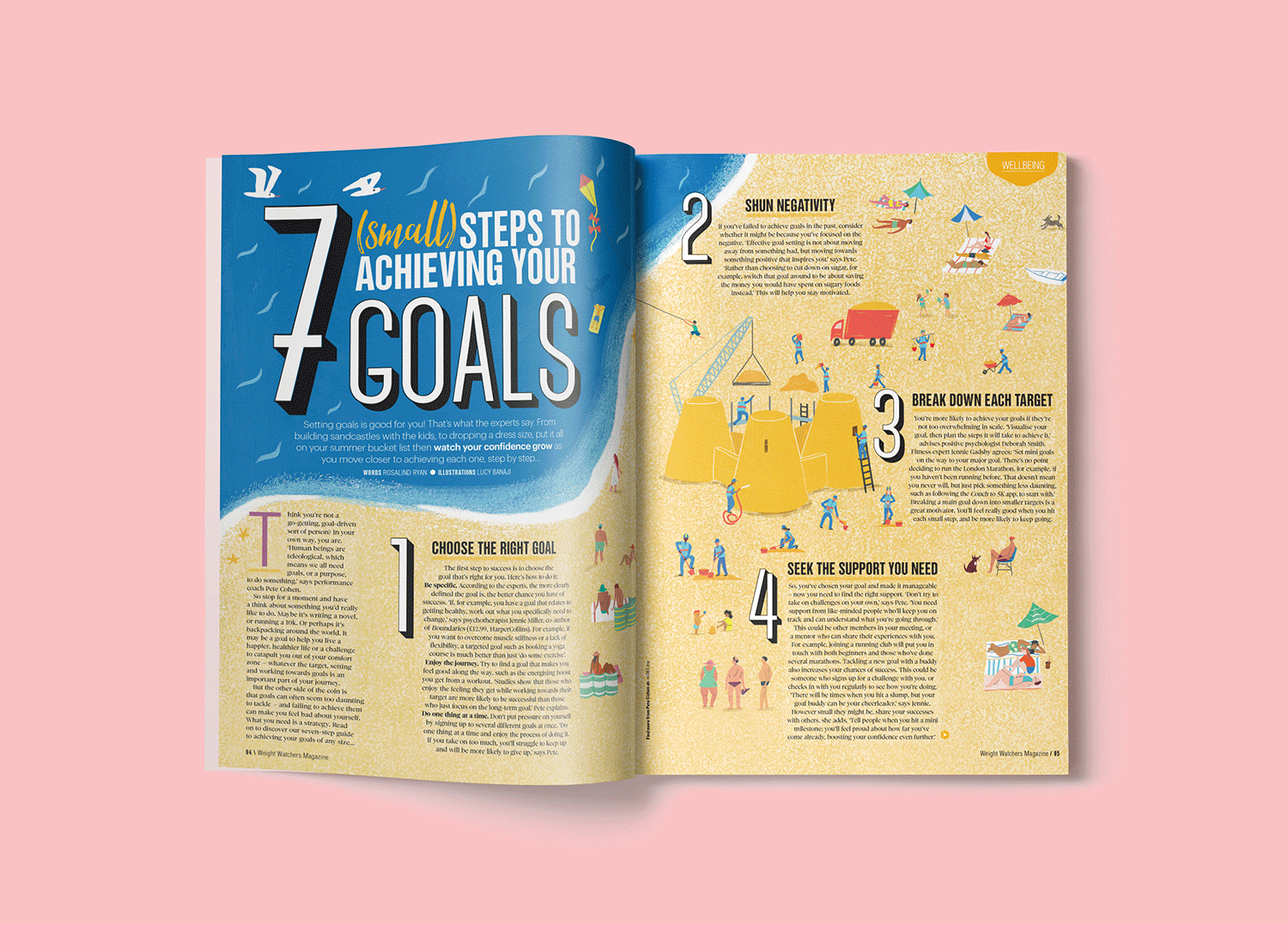  7 Steps to achieving your goals. Concept based around a construction site of mini builders on a beach building a sandcastle. Illustration Lucy Banaji 
