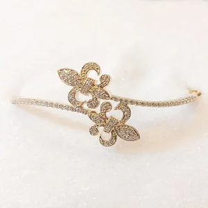 14K Yellow or White Gold Diamond Fleur De Lis Bangle Bracelet 