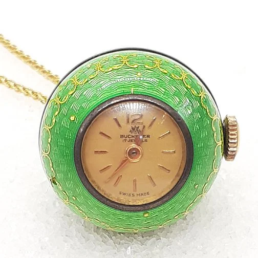 Guilloche Green Enamel and Bucherer Watch Pendant - #3062  display picture 1