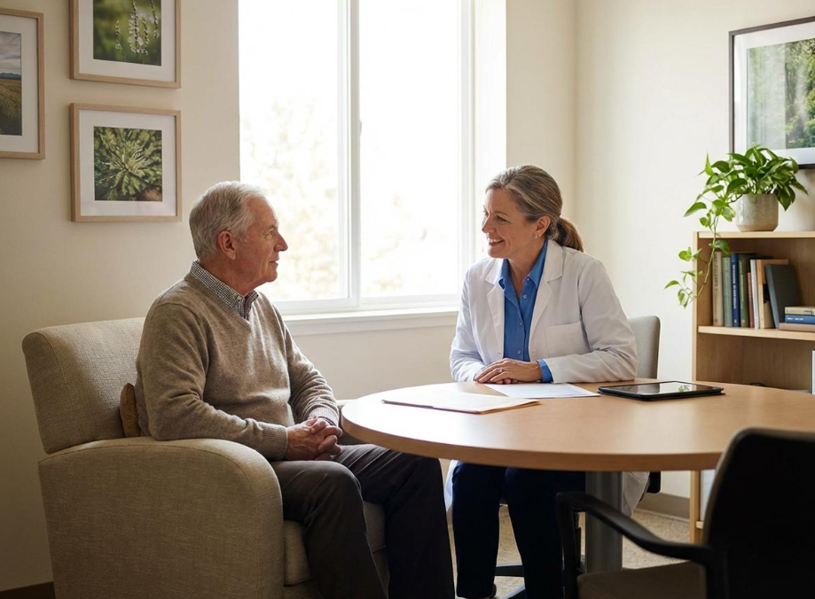 Doctor talking with an older man during a consultation in a bright office