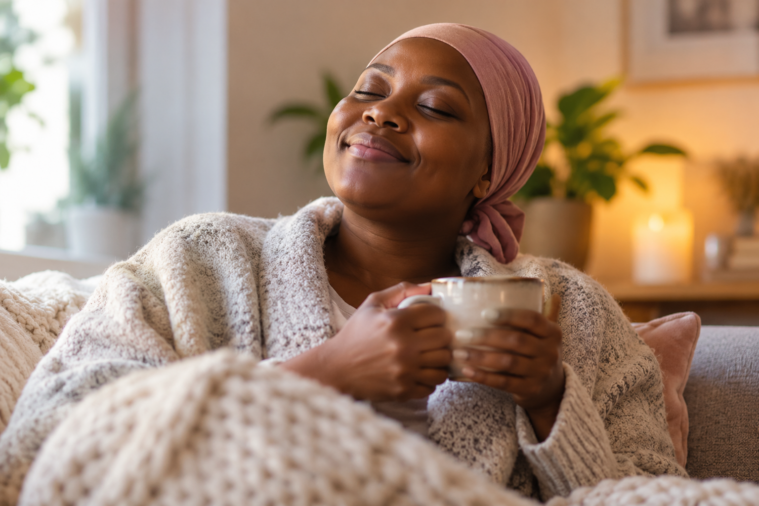 Relaxed Black woman in a pink headscarf holding a warm cup of tea while wrapped in a cozy blanket at home