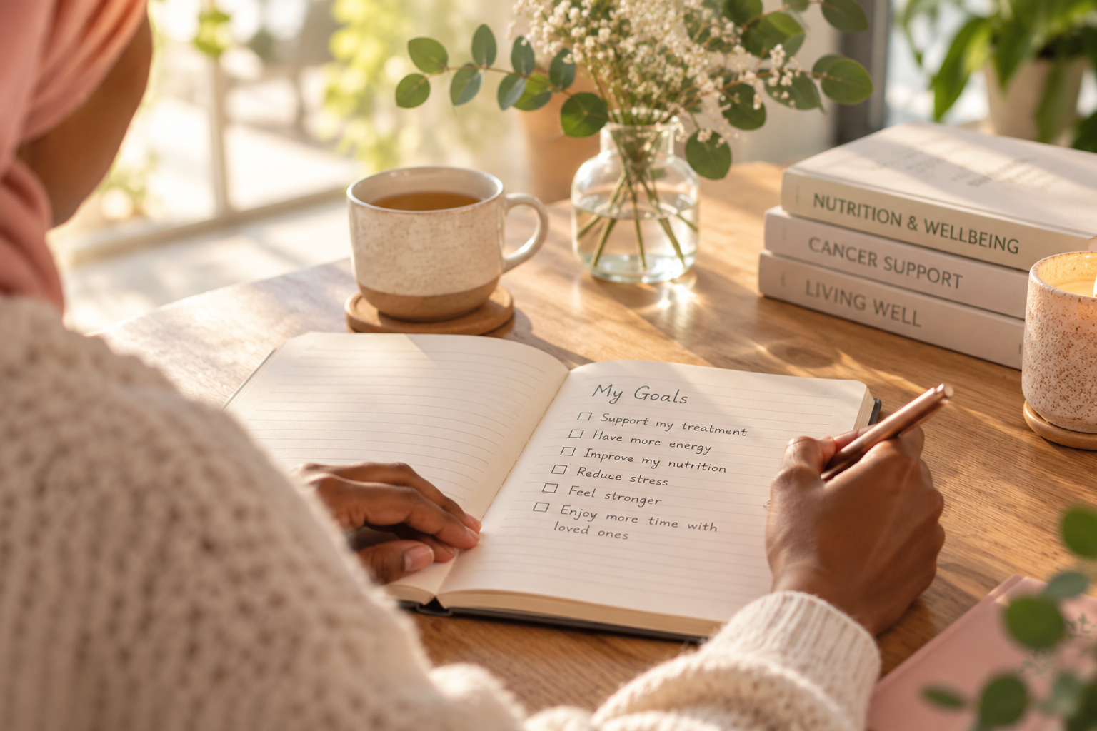 Person writing health and wellness goals in a journal beside tea, flowers, and wellness books.