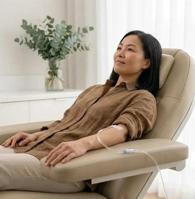 Woman reclining in a beige chair with an IV line in her arm
