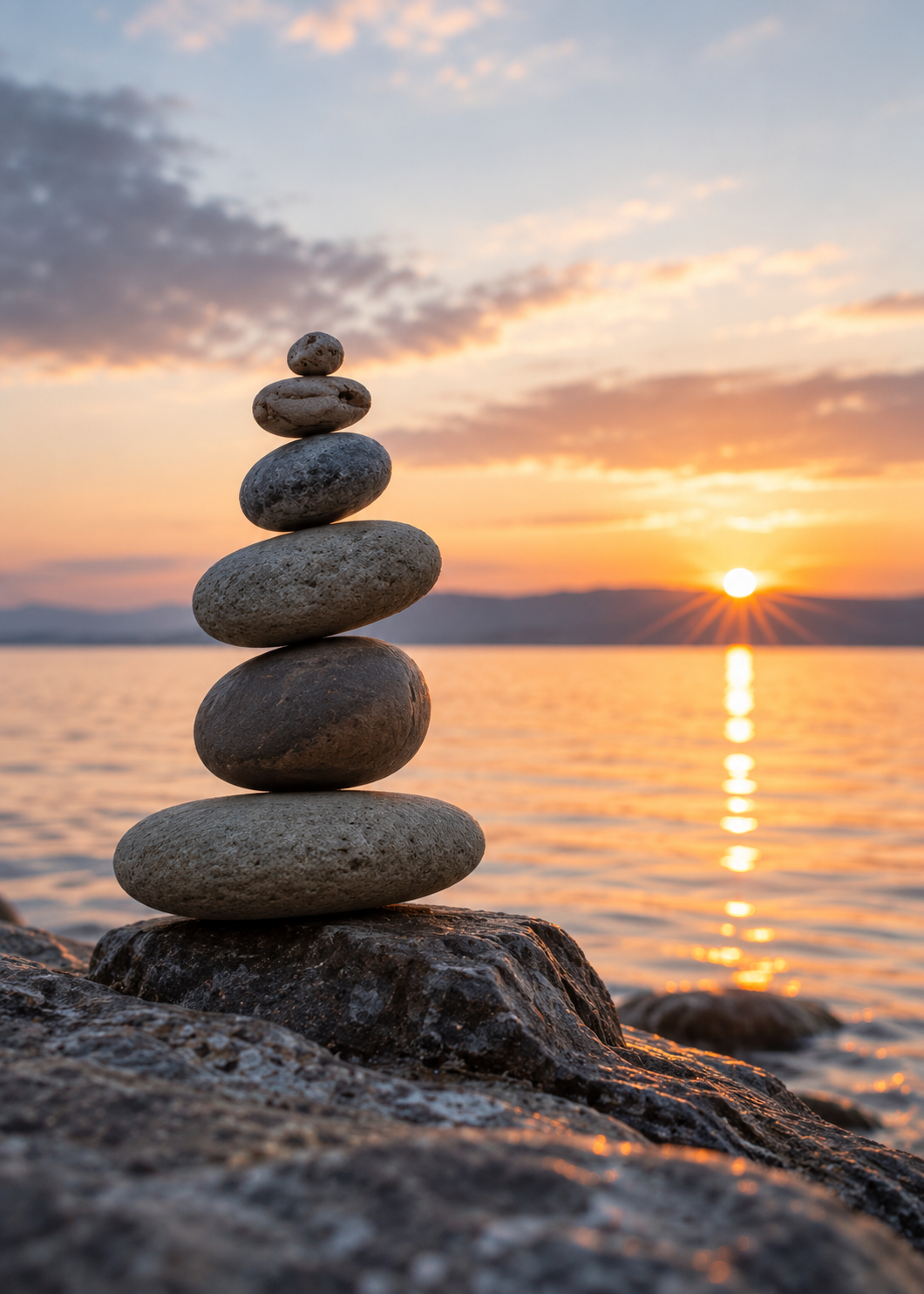 Balanced stack of smooth stones on a rocky lakeshore at sunset, with golden light reflecting across the water