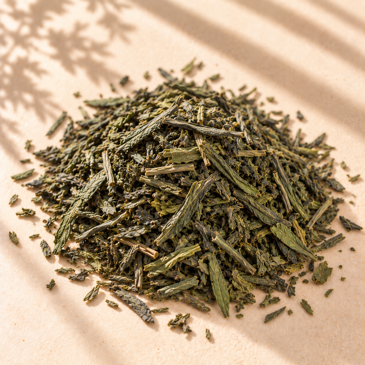 Dried Green Tea Leaves in Sunlight.png