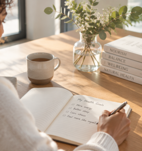 Person journaling health goals beside tea, eucalyptus flowers, and wellness books on a sunlit wooden table