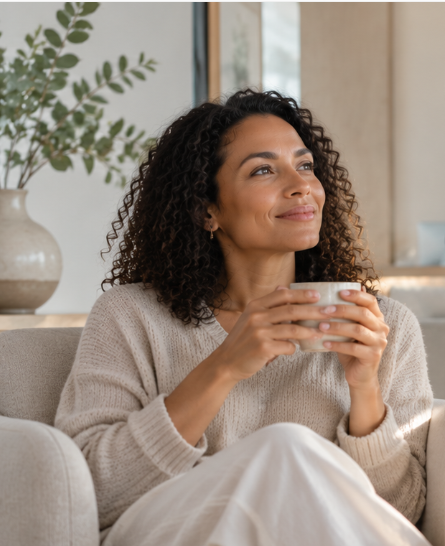 Woman with curly hair relaxing on a sofa and holding a cup of tea