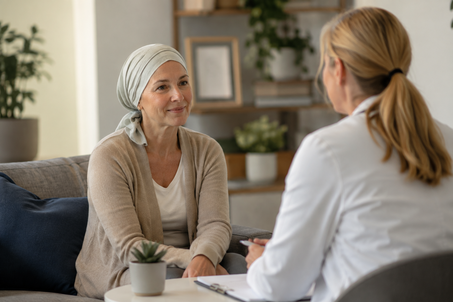Woman wearing a headscarf speaks with a healthcare professional during a consultation at home.