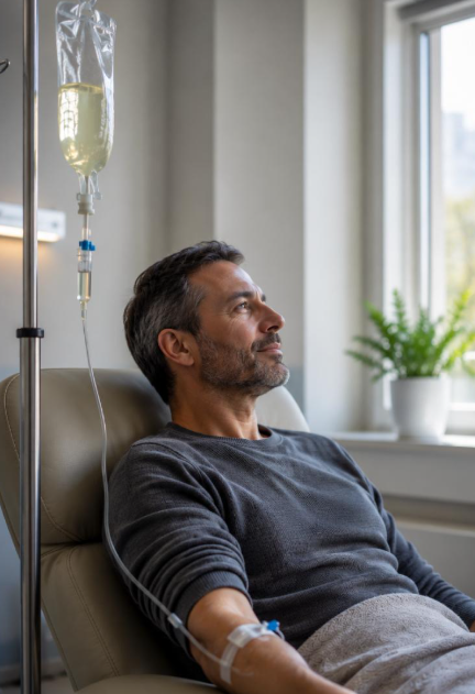 Man reclining in a hospital chair receiving intravenous fluids through an IV drip.