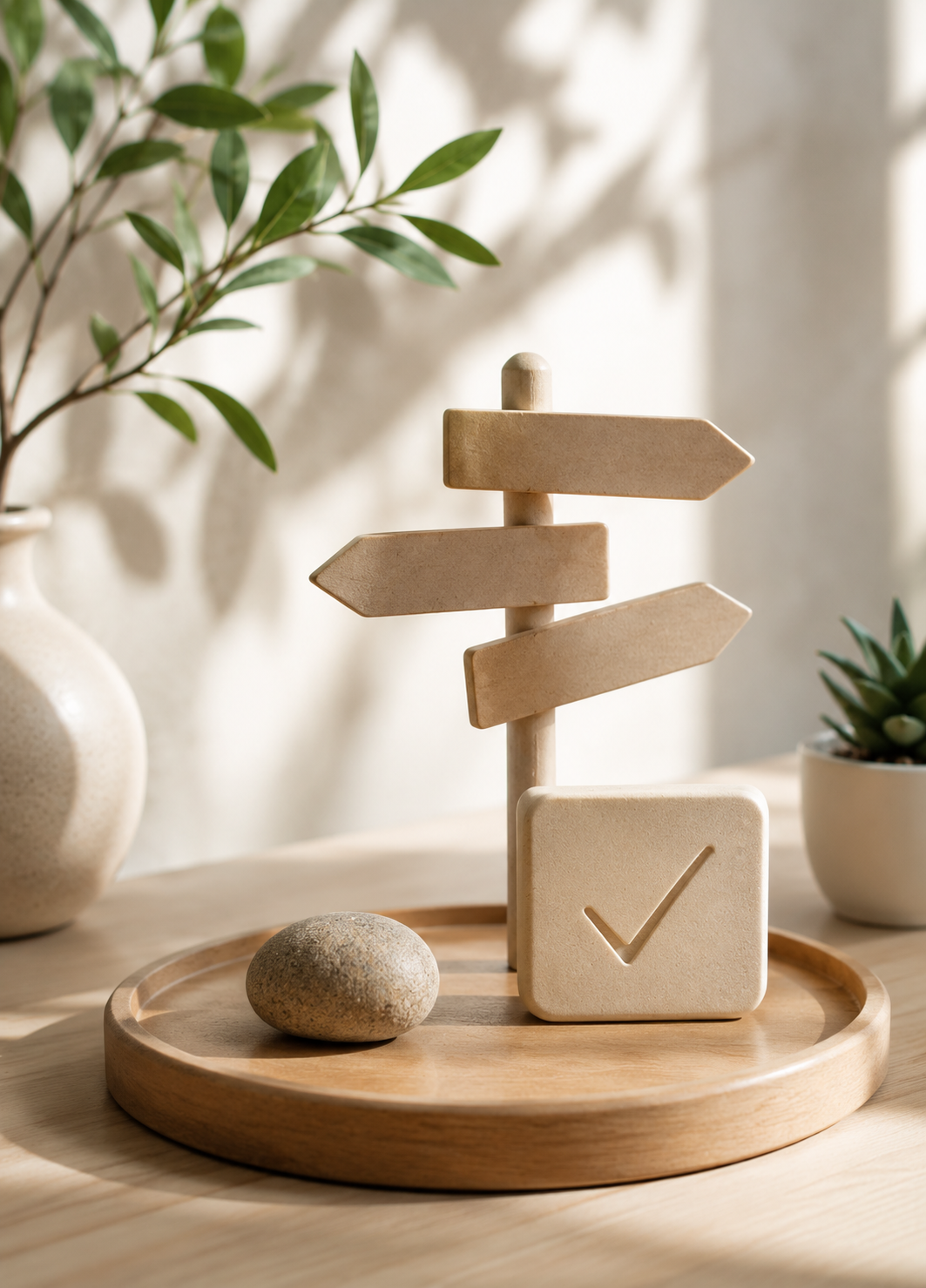 Wooden signpost with blank directional arrows and checkmark block on a round tray beside plants