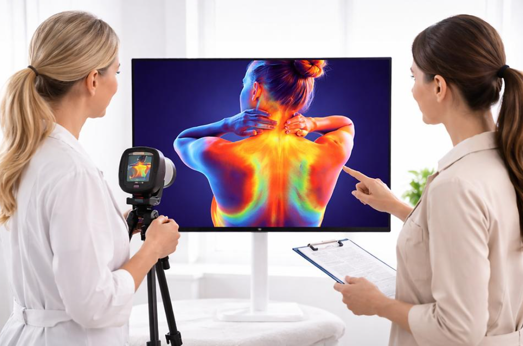 Two healthcare professionals examine a thermal image showing back and neck pain on a monitor.