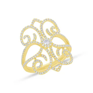 14 Karat yellow gold ring with open swirling filigree design. The total diamond weight is 0.58 carats. $1,825.00