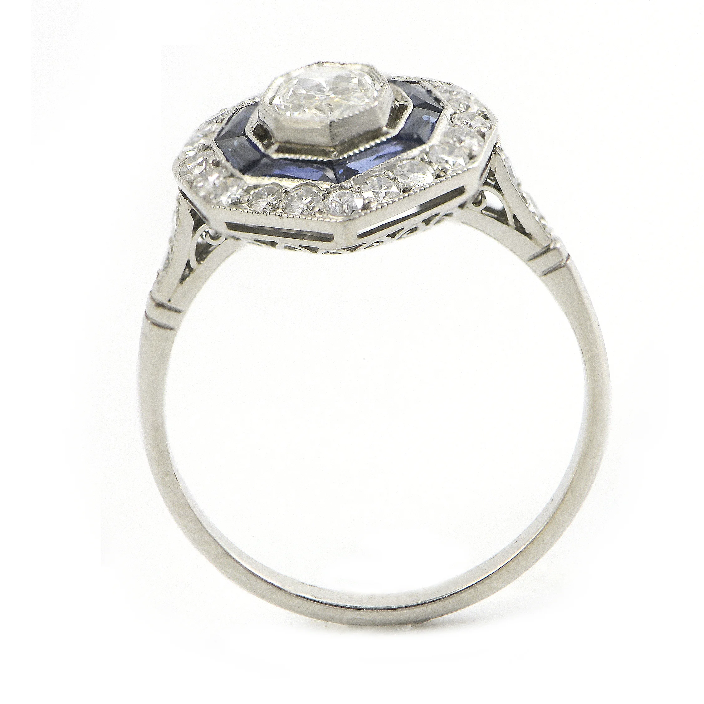 Platinum diamond table cut and sapphire ring. $6,550.00