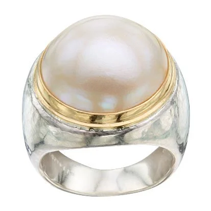 18 karat yellow gold, sterling silver and pearl ring