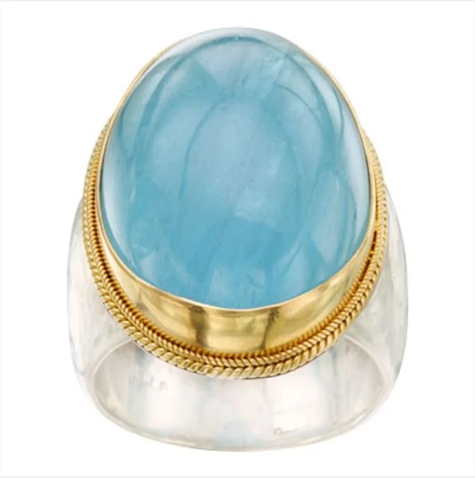 18 karat yellow gold, sterling silver, and aquamarine ring