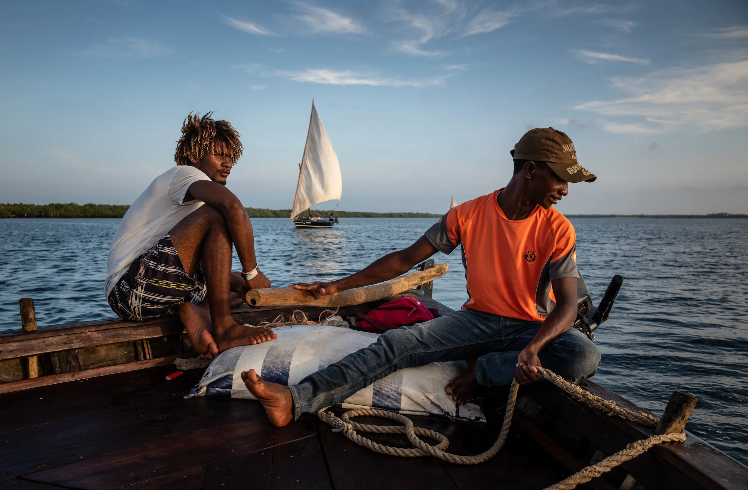 Sailors aboard a jahazi – a type of dhow – off the coast of Lamu, Kenya