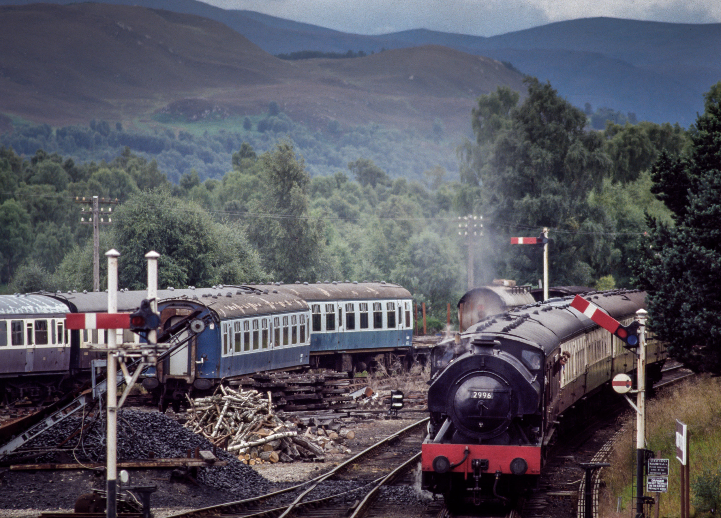 A Strathspey Railway train comes into the yard in Boat of Garten, Scotland