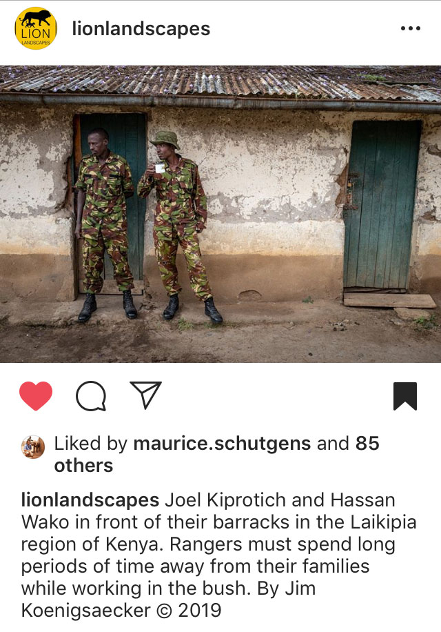 Wildlife rangers Joel Kiprotich and Hassan Wako in front of their barracks in the Laikipia region of Kenya.