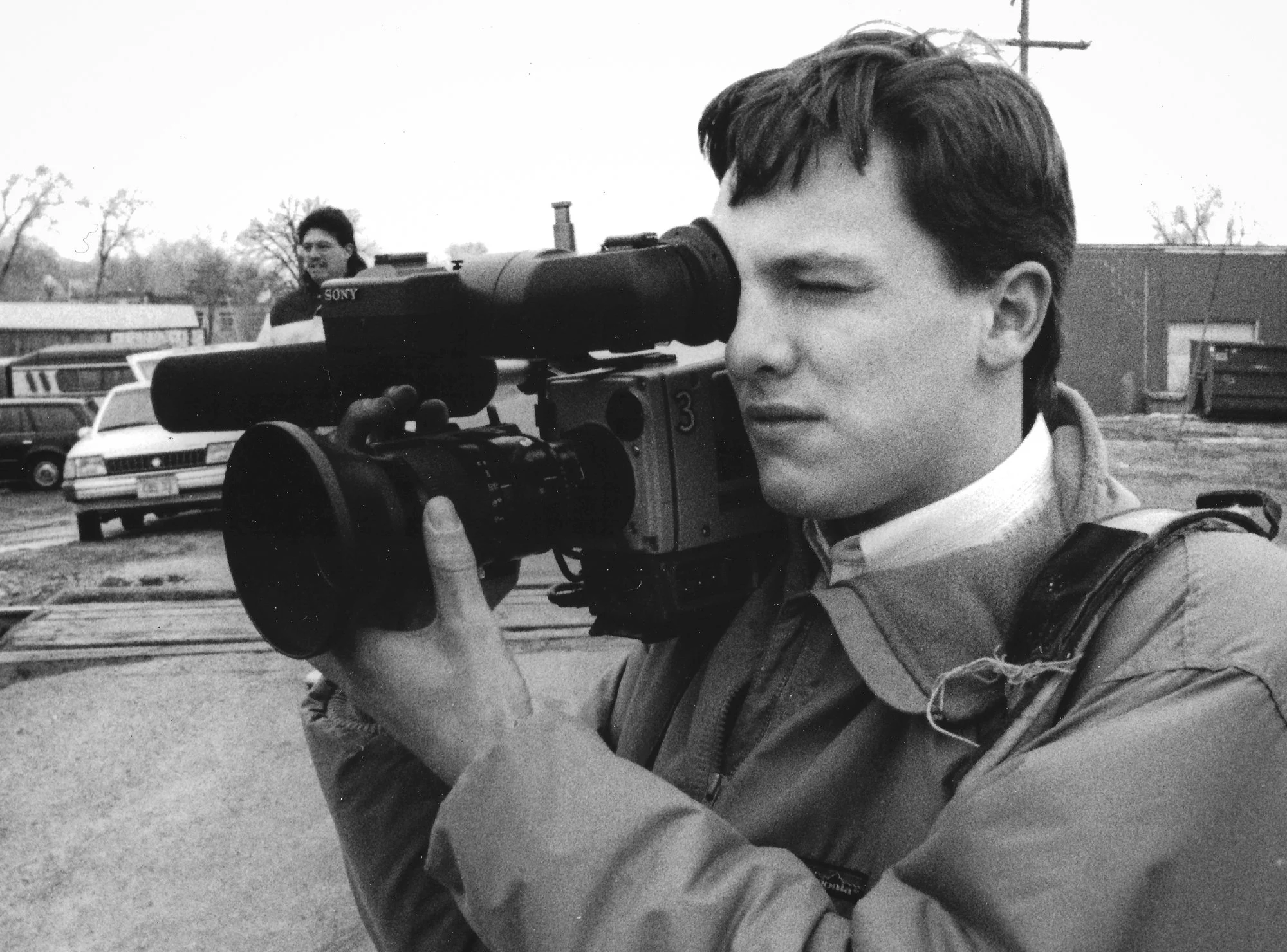 Jim Koenigsaecker covering the news for WHBF-TV in Rock Island, Illinois