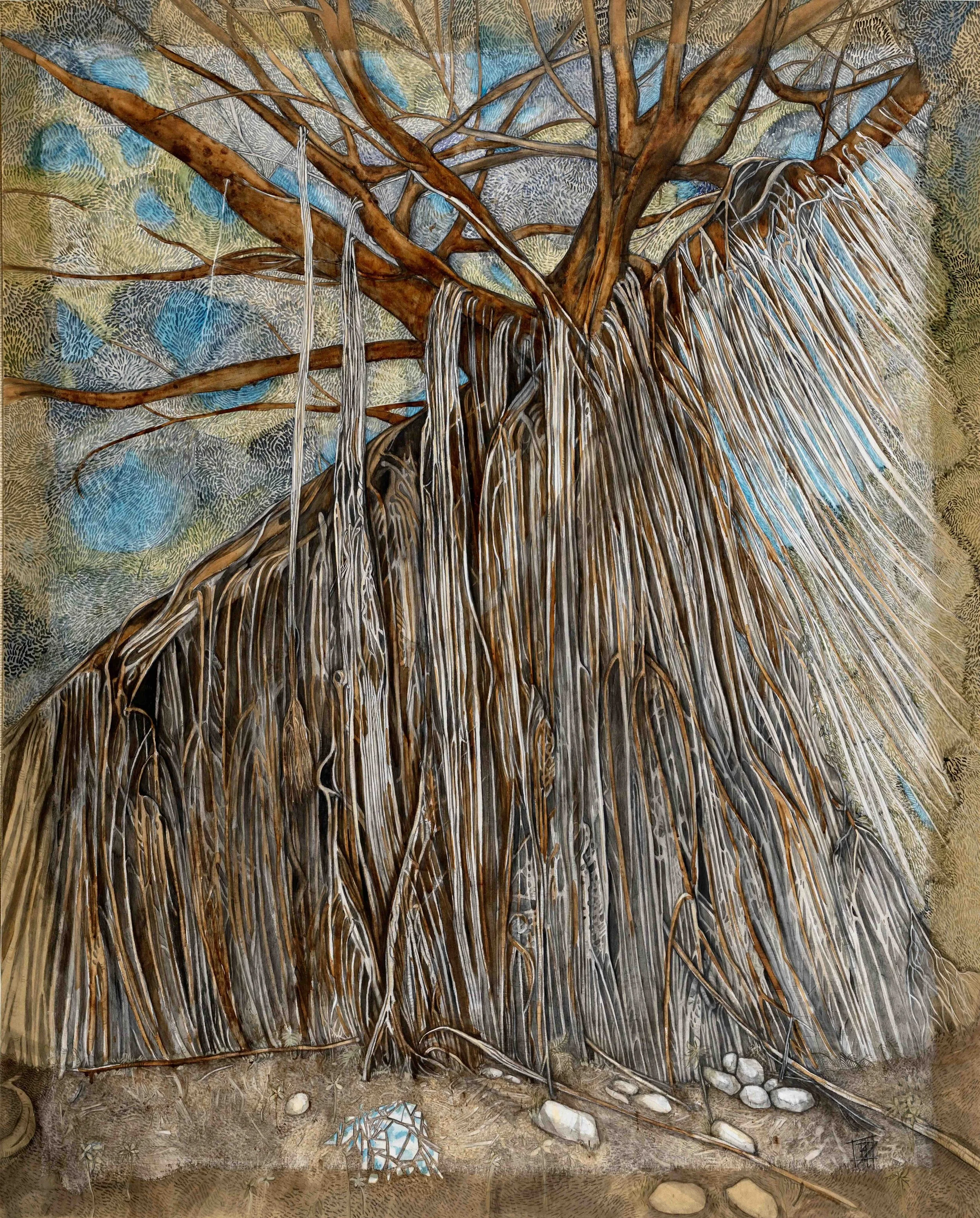 Song to the Listening Sky 

2024 

(Curtain Fig, Ficus virens)

Inspired by the Curtain Fig Tree of the Atherton Tablelands, this work considers the rainforest as both ecological system and mapped territory. Located within the remnants of the Mabi Fo