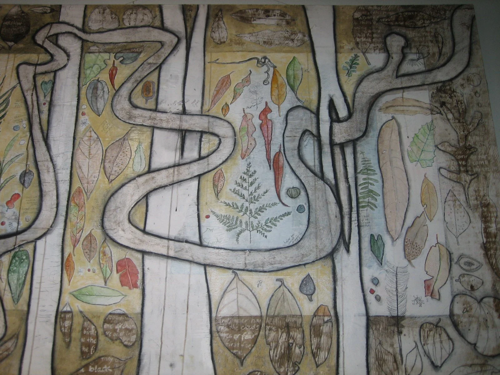 'Walking With Judith Wright'. Mixed media on canvas 122 x 202 x 12 cm
For some time when my children were small we lived on Knoll Road and I walked the tracks of the Knoll  section of the  National Park on a daily basis. I have long been
fascinated b