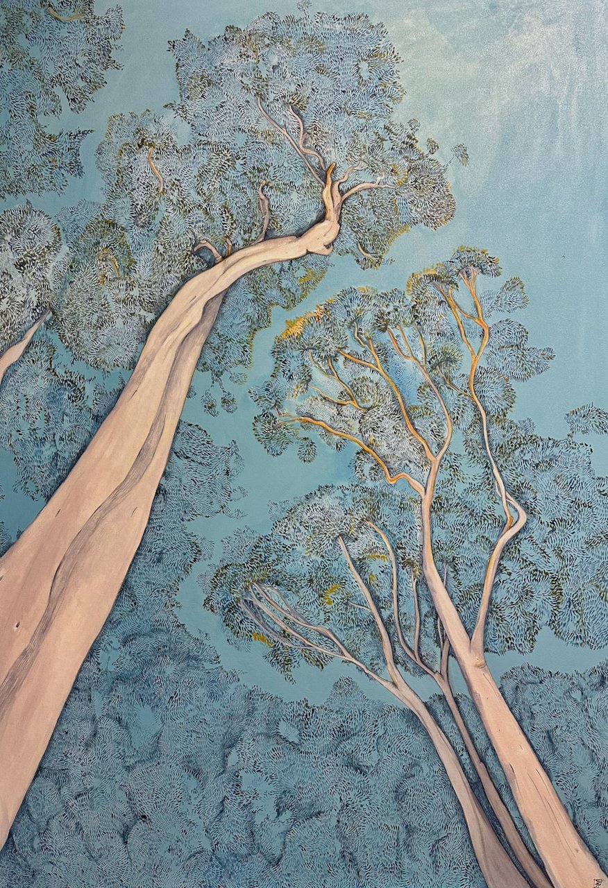 'Planted- Sky Reaching'.  130 x 90 cm.  Acrylic on canvas. The work captures the quiet majesty of looking upward through towering eucalypts into filtered light. Through layered mark-making and luminous passages of sky, the work reflects the experienc