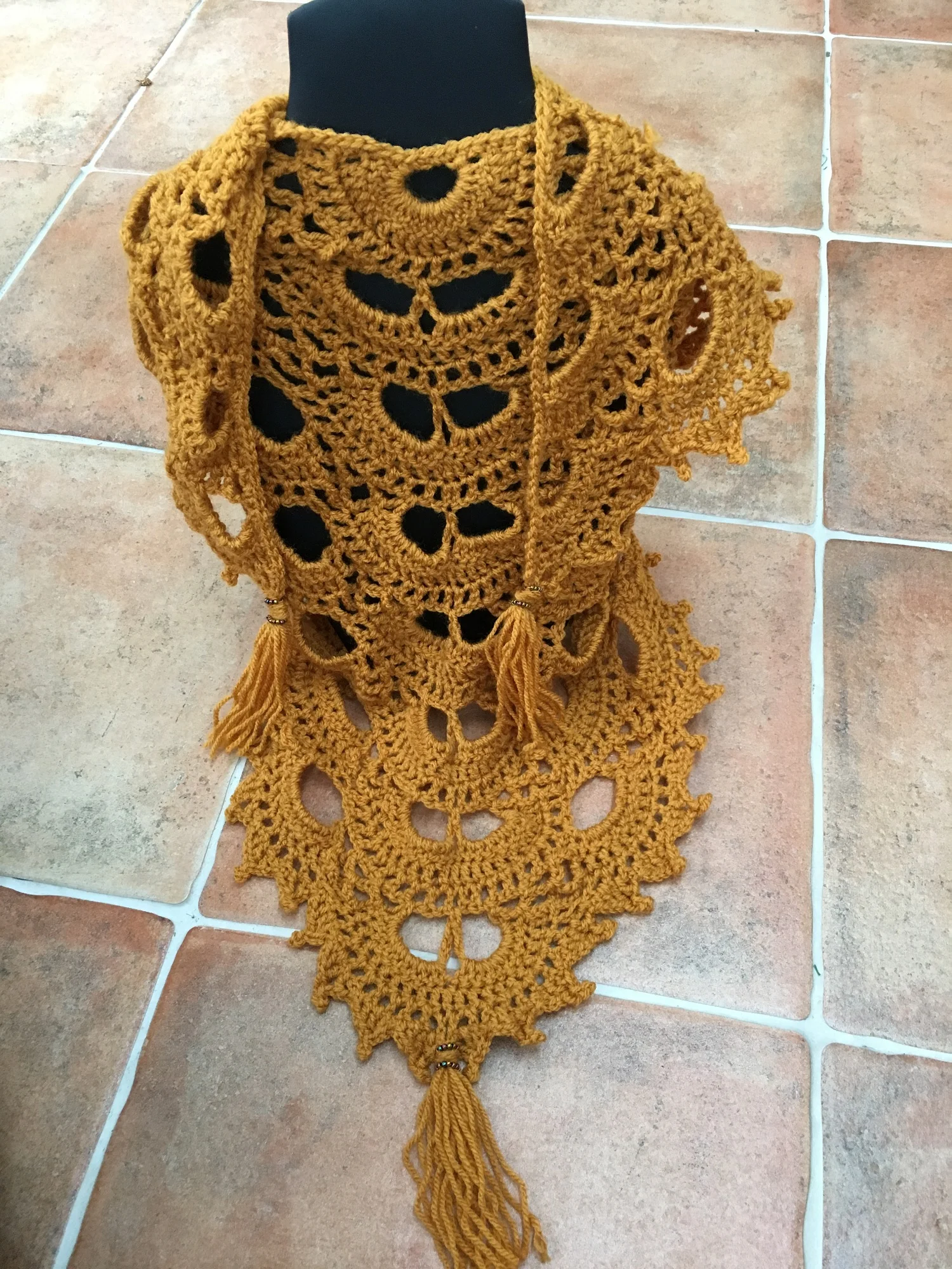 Triangular Crocheted Mustard Scarf, Shawl, Handmade