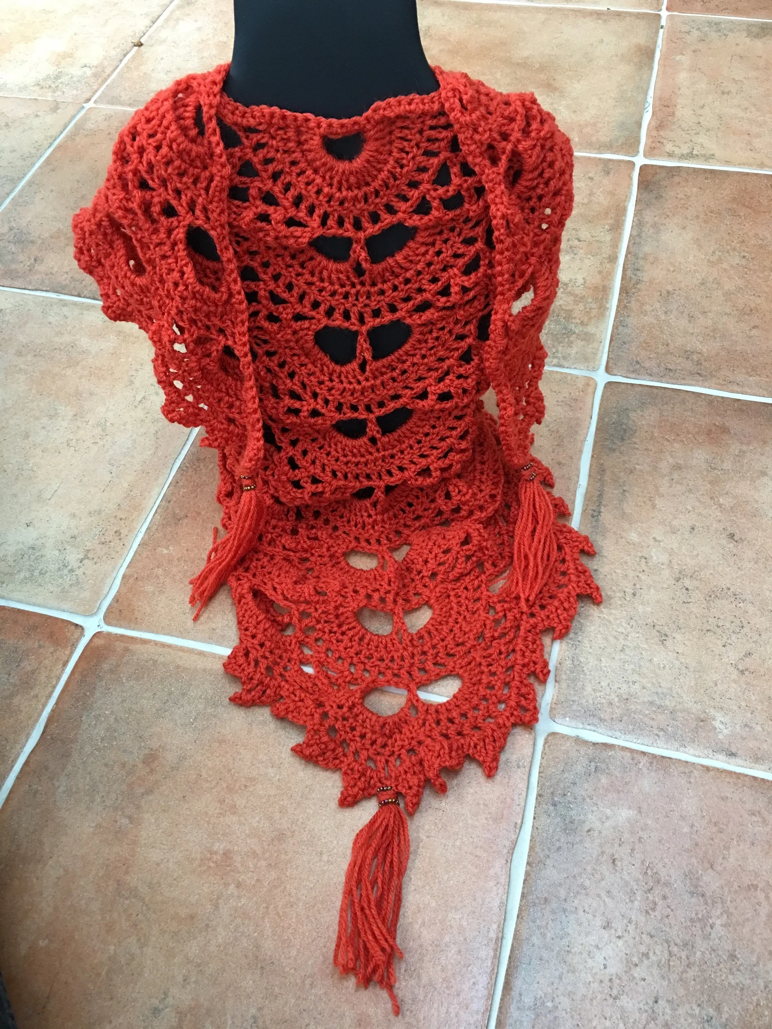 Triangular Crocheted Orange Flame Scarf, Shawl, Handmade