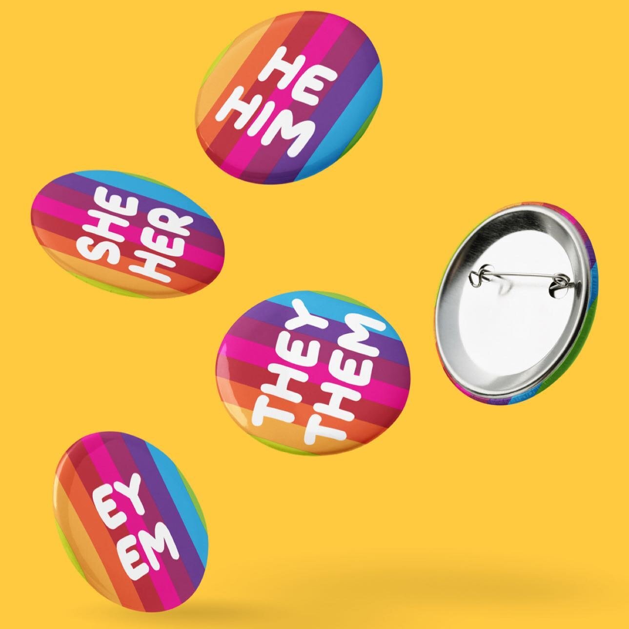 🌈 Pride is in full swing and we've got the pronoun buttons to prove it! 🎉 Whether you go by he/him, she/her, they/them, or something else entirely, we've got you covered. 😎 Wear your identity with pride this summer! ☀️ Grab our pronoun buttons and